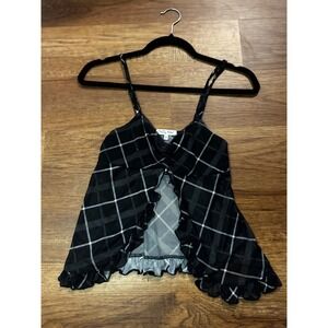 Pretty Rebel Black White Plaid Mesh Cami Ruffle V-Neck Spaghetti Strap Top XS